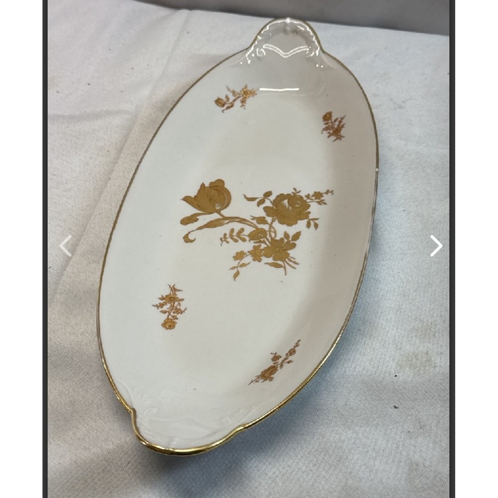Limoges Gold Roses 12" Serving Tray Gold Trim France Boat Shaped